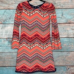 Rare Editions Dress L Coral Chevron‎ Colorful Pom Poms Boho Long Sleeves Multi